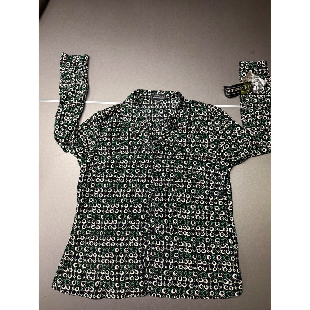 Elementz Womens Green Black White Circle Print Button Down Blouse Large career